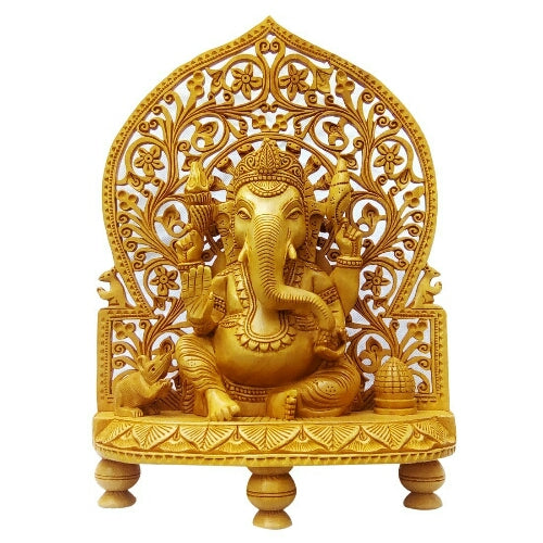 Wooden Carving Ganesh Statue Idol for Home Decor/Gift Item/ 12" Height Temple/Home Temple with Stool/chowki