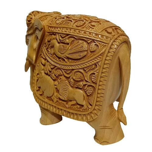 Wooden Elephant Fully Carved 15 cm Statue Idol for Home Decor/Gift Item