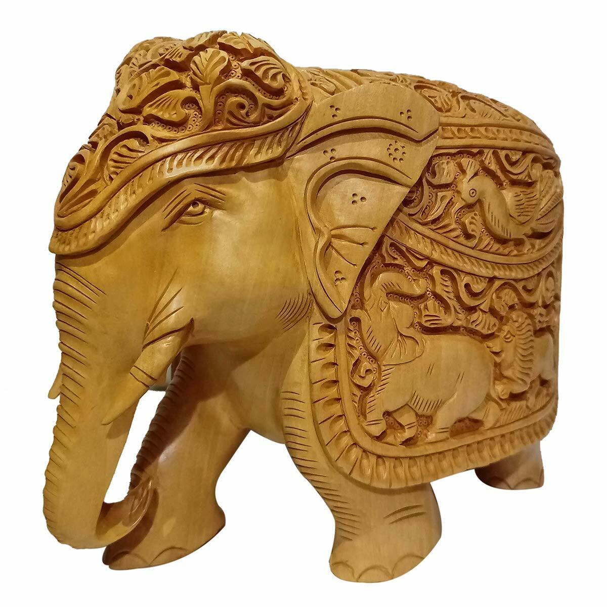 Wooden Elephant Fully Carved 15 cm Statue Idol for Home Decor/Gift Item