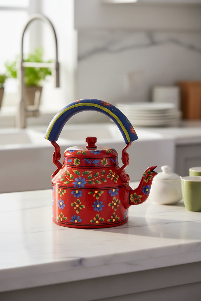 red Colorful Handmade Kettle Décor | Bright Home Accent | Unique Kitchen Decoration