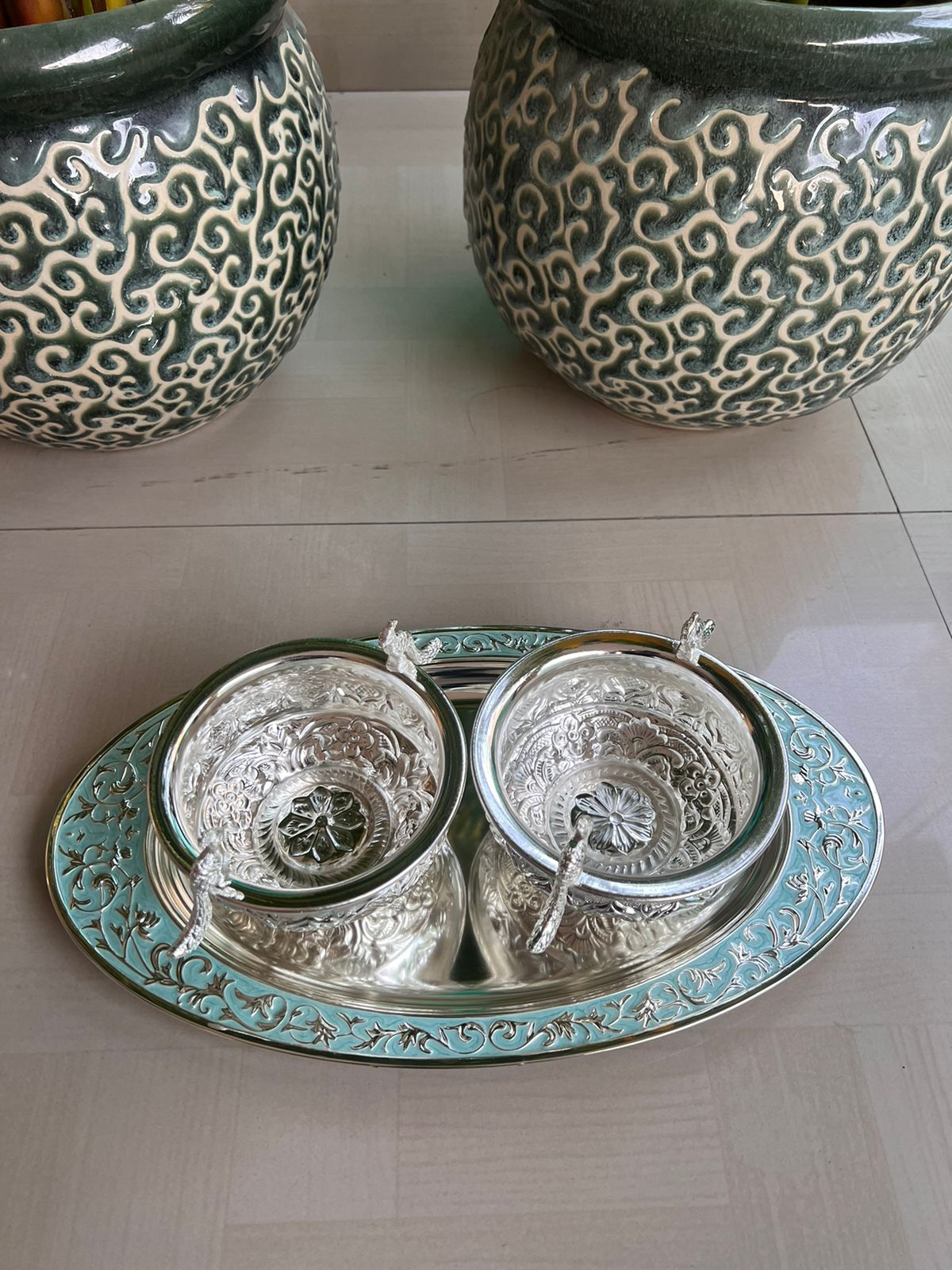 German Silver Oval Tray with 2 Peacock Bowls