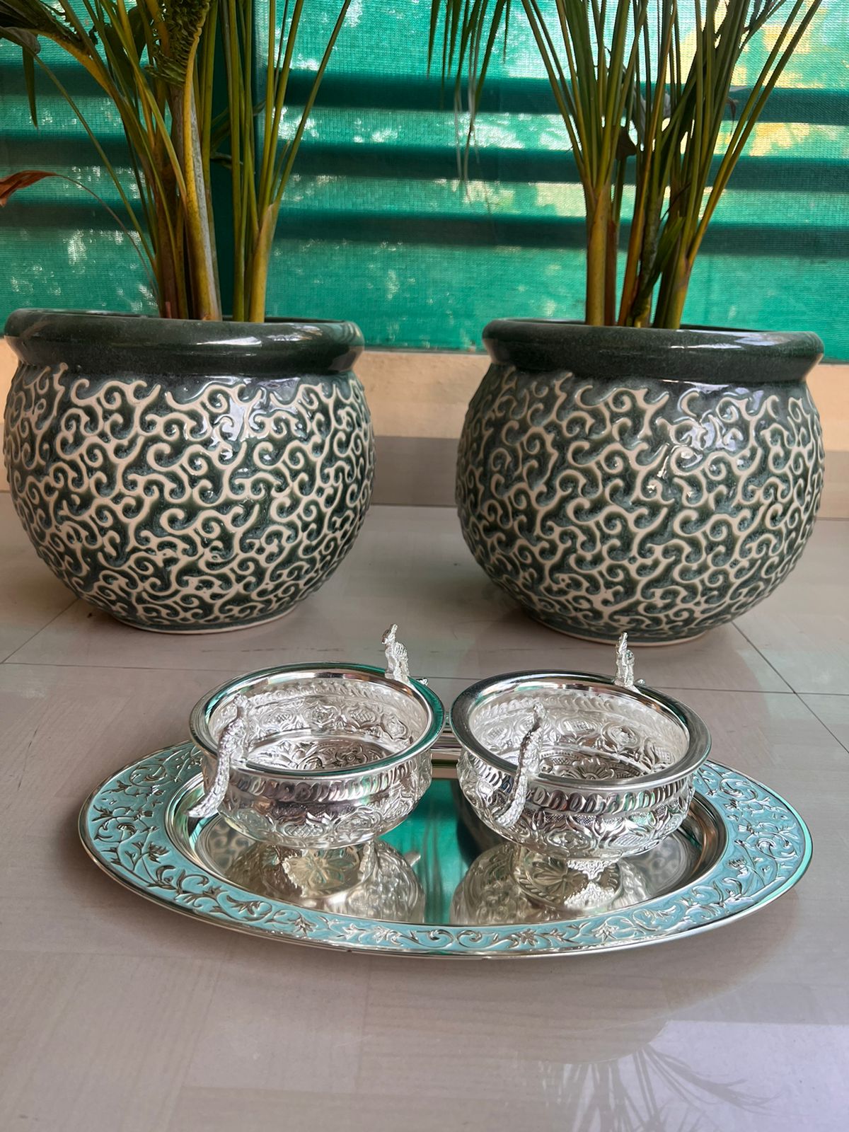 German Silver Oval Tray with 2 Peacock Bowls