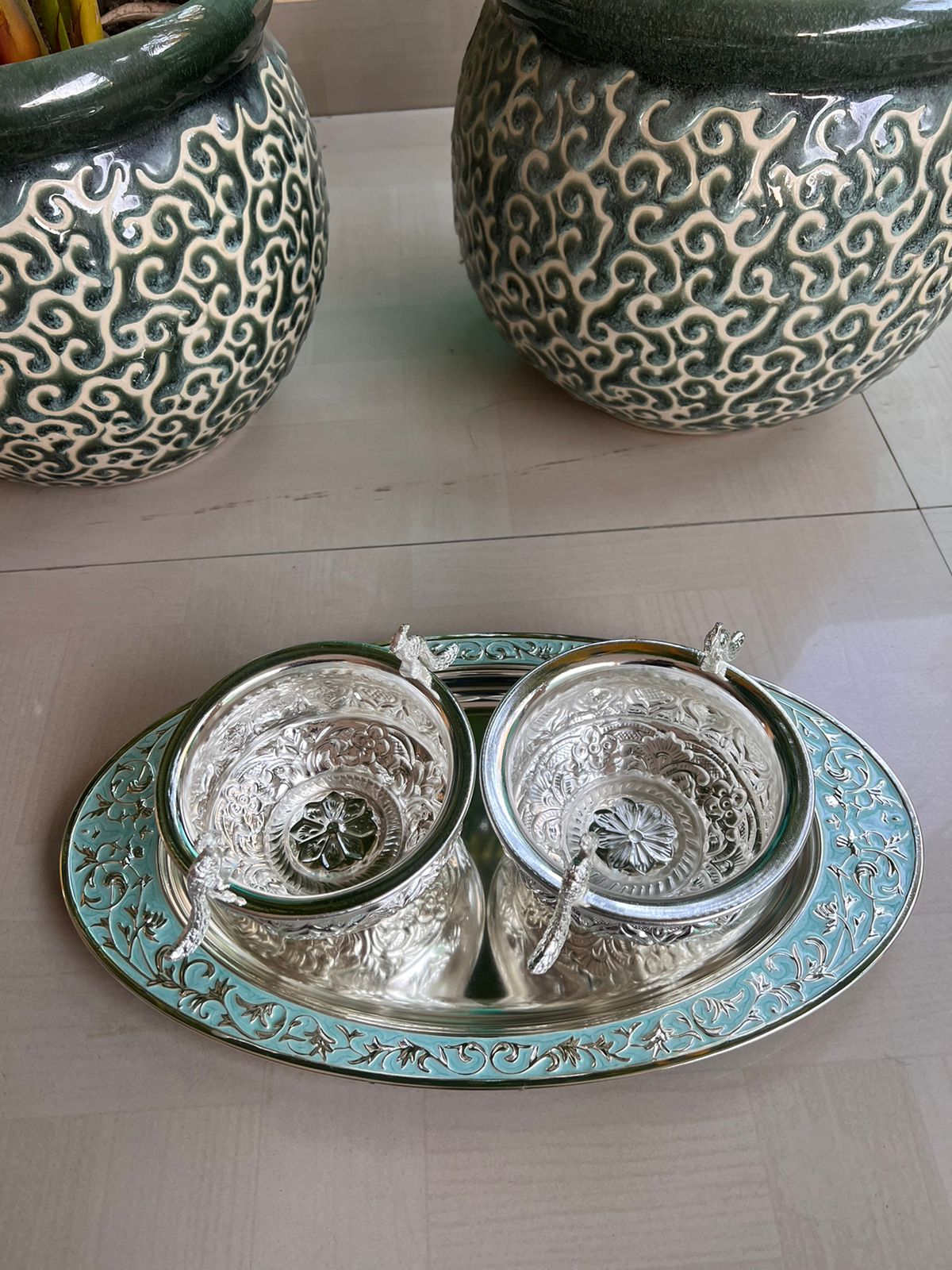 German Silver Oval Tray with 2 Peacock Bowls