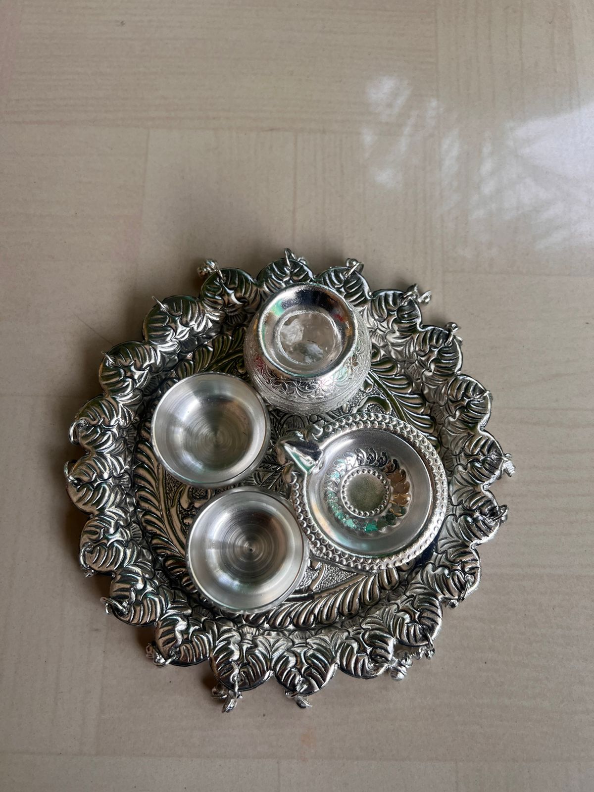 German Silver Intricate Pooja thali with ghunghroo Setting