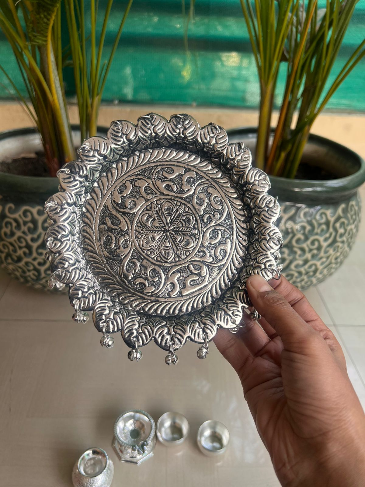 German Silver Intricate Pooja thali with ghunghroo Setting