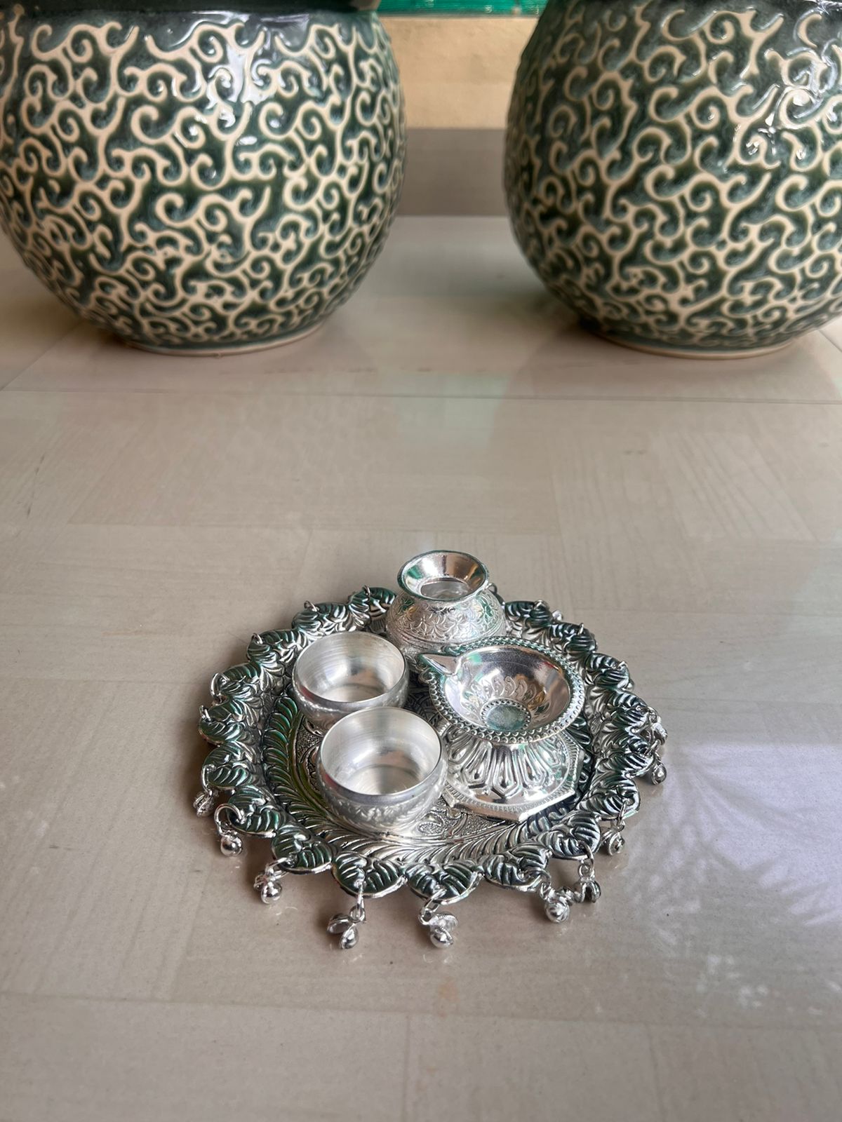 German Silver Intricate Pooja thali with ghunghroo Setting