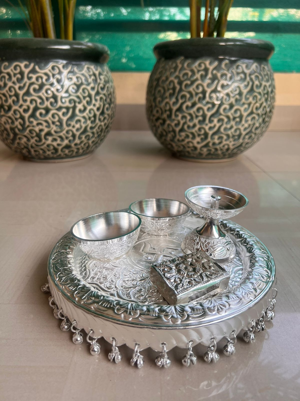 German Silver Ghunghroo Small Pooja thali Set