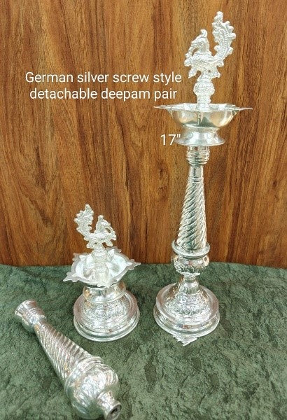 German Silver Peacock Screw Style Detachable deepam Pair for Housewarming/ Diwali Festival/ Gift Item, 17" Size