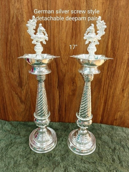 German Silver Peacock Screw Style Detachable deepam Pair for Housewarming/ Diwali Festival/ Gift Item, 17" Size