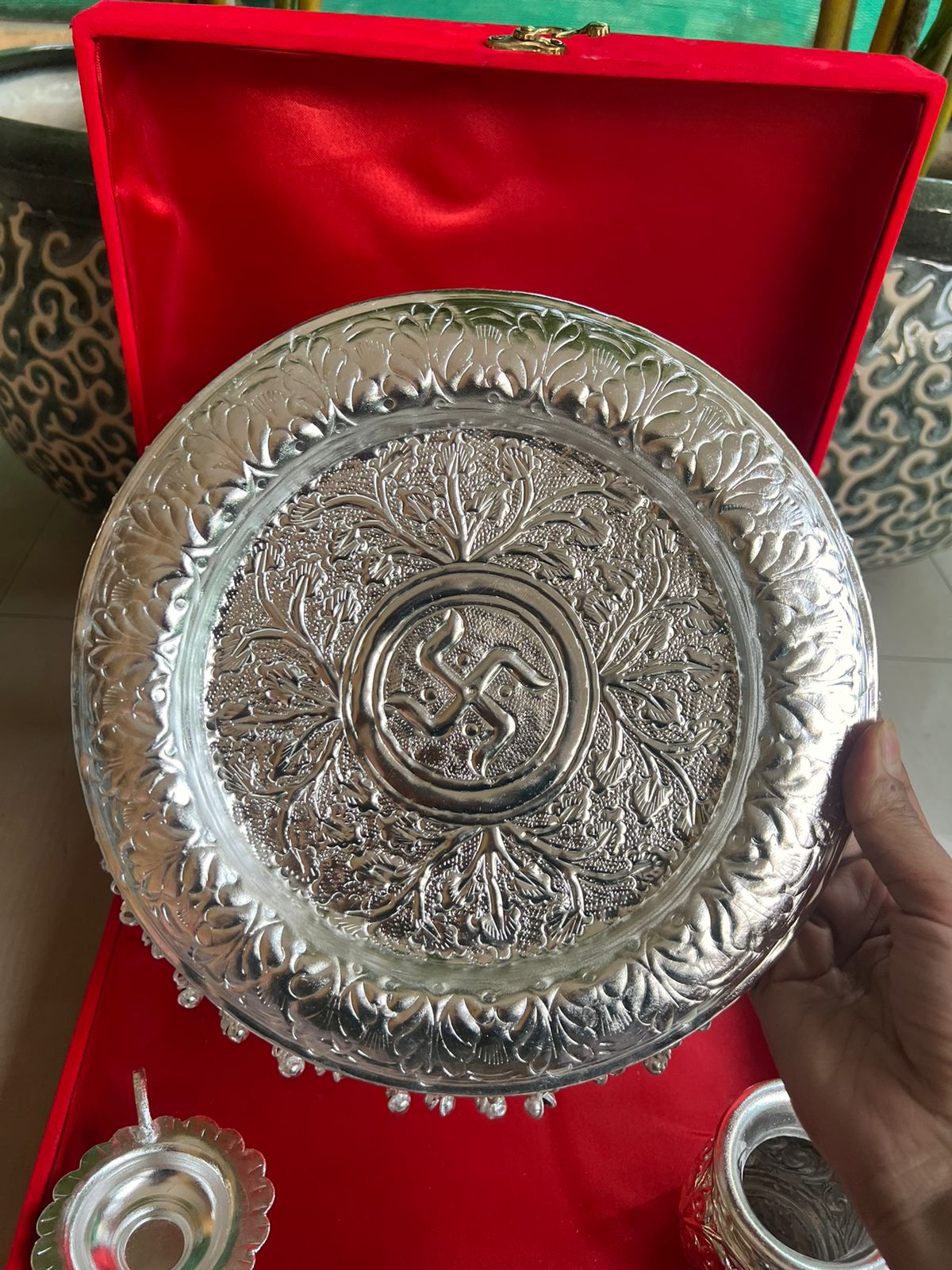 German Silver Pooja thali with ghunghroo in Gift Box