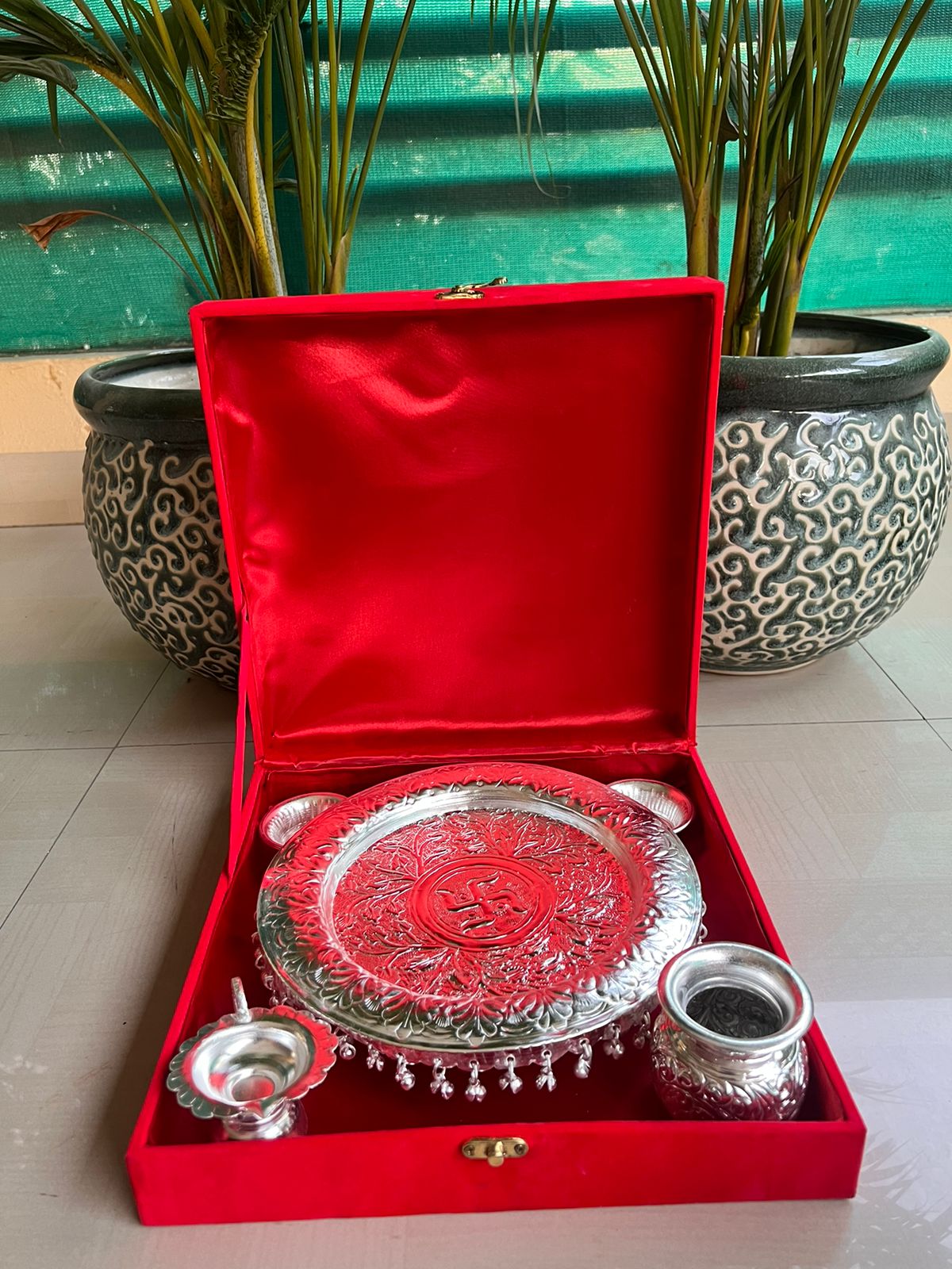 German Silver Pooja thali with ghunghroo in Gift Box