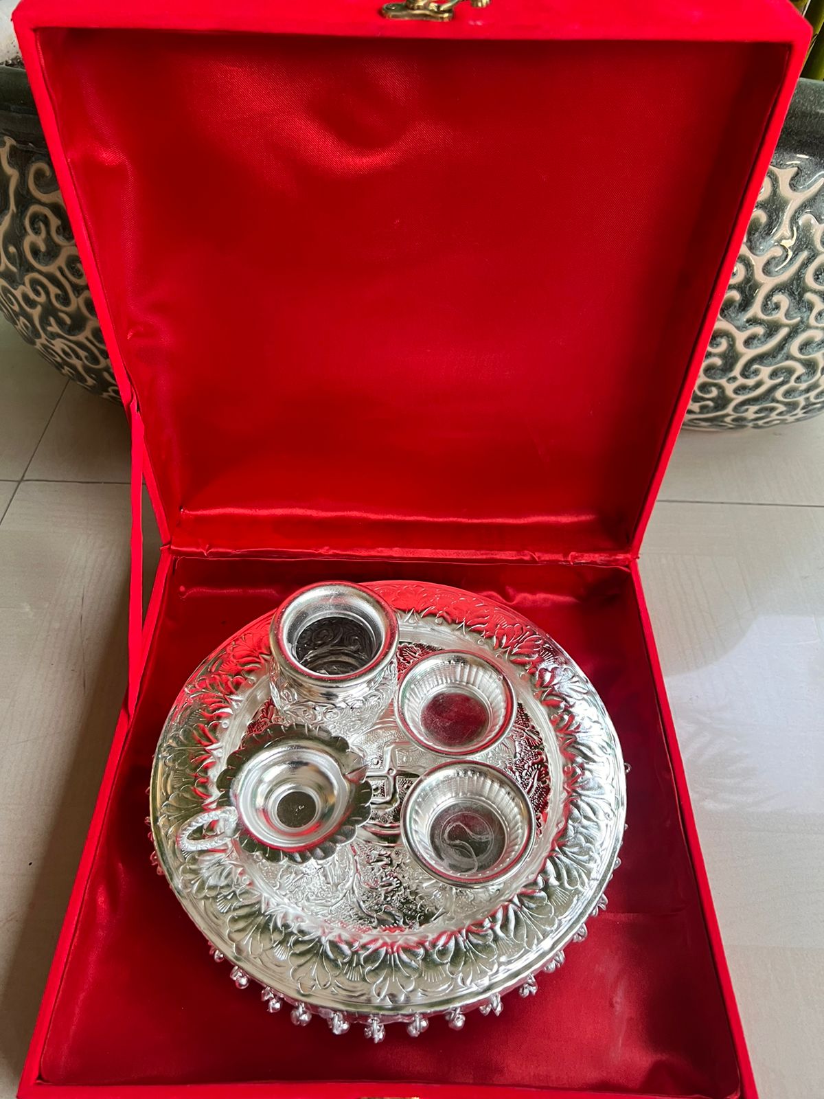 German Silver Pooja thali with ghunghroo in Gift Box