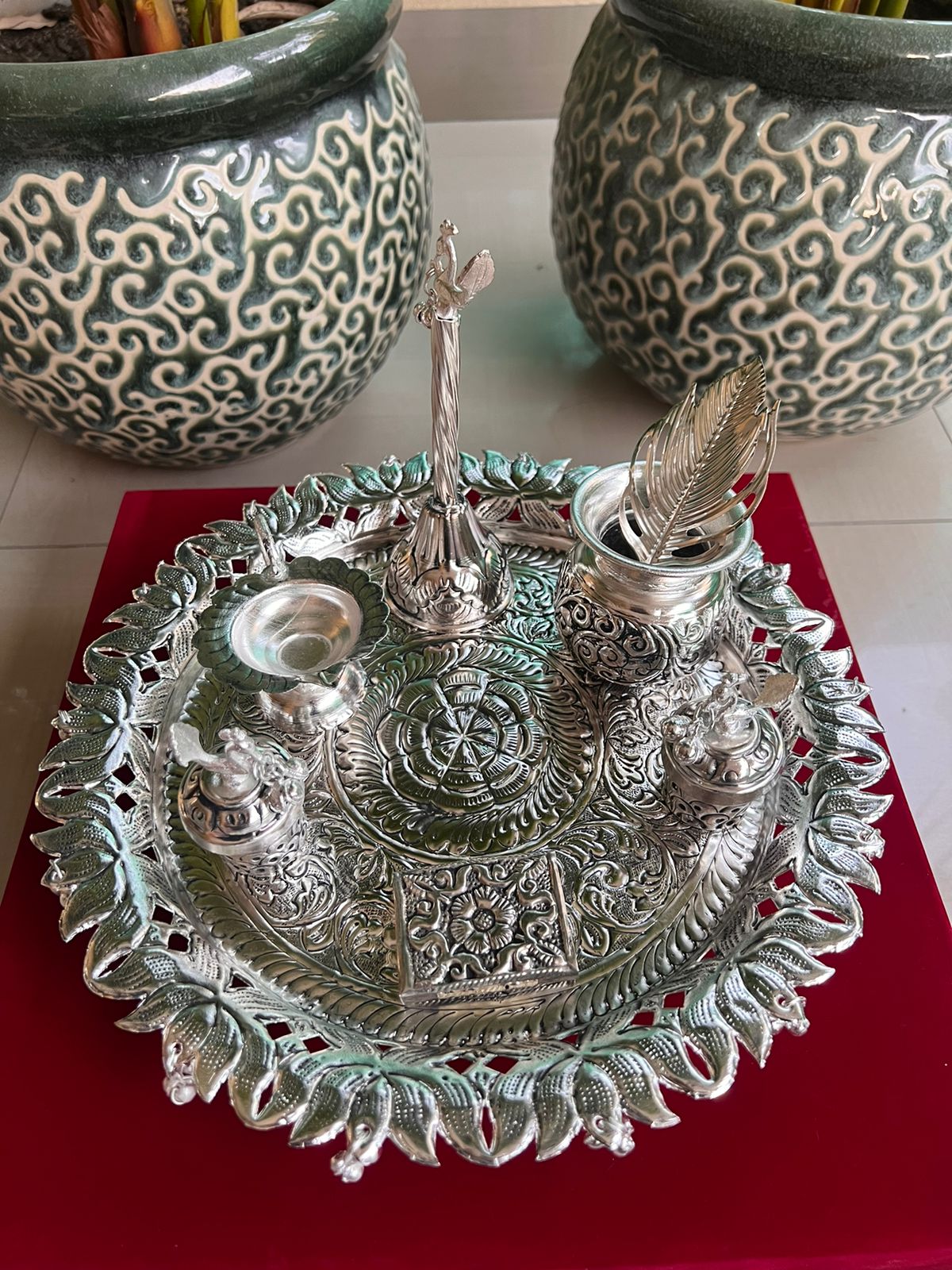 German Silver Lotus Petal Designer Pooja thali with ghunghroo