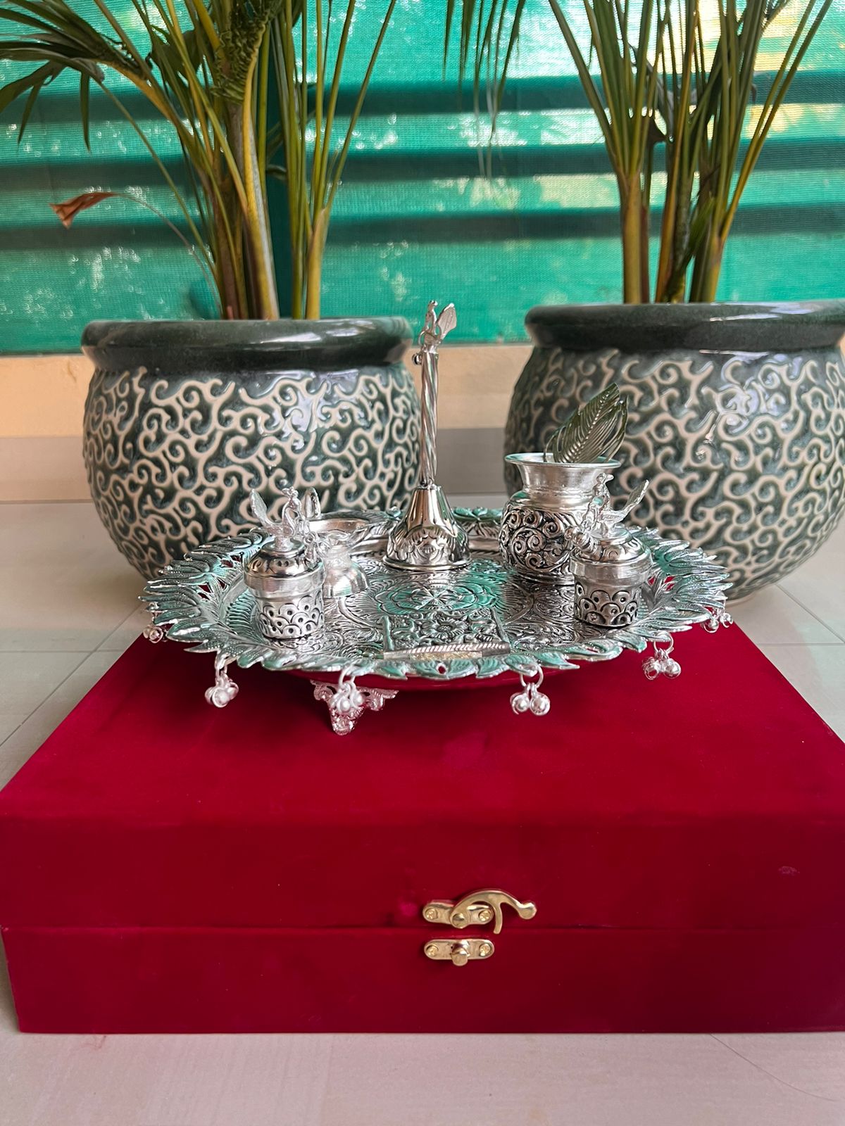 German Silver Lotus Petal Designer Pooja thali with ghunghroo