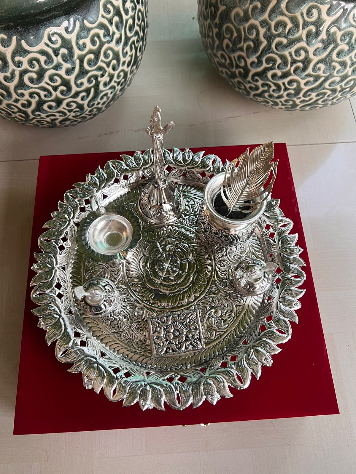 German Silver Lotus Petal Designer Pooja thali with ghunghroo