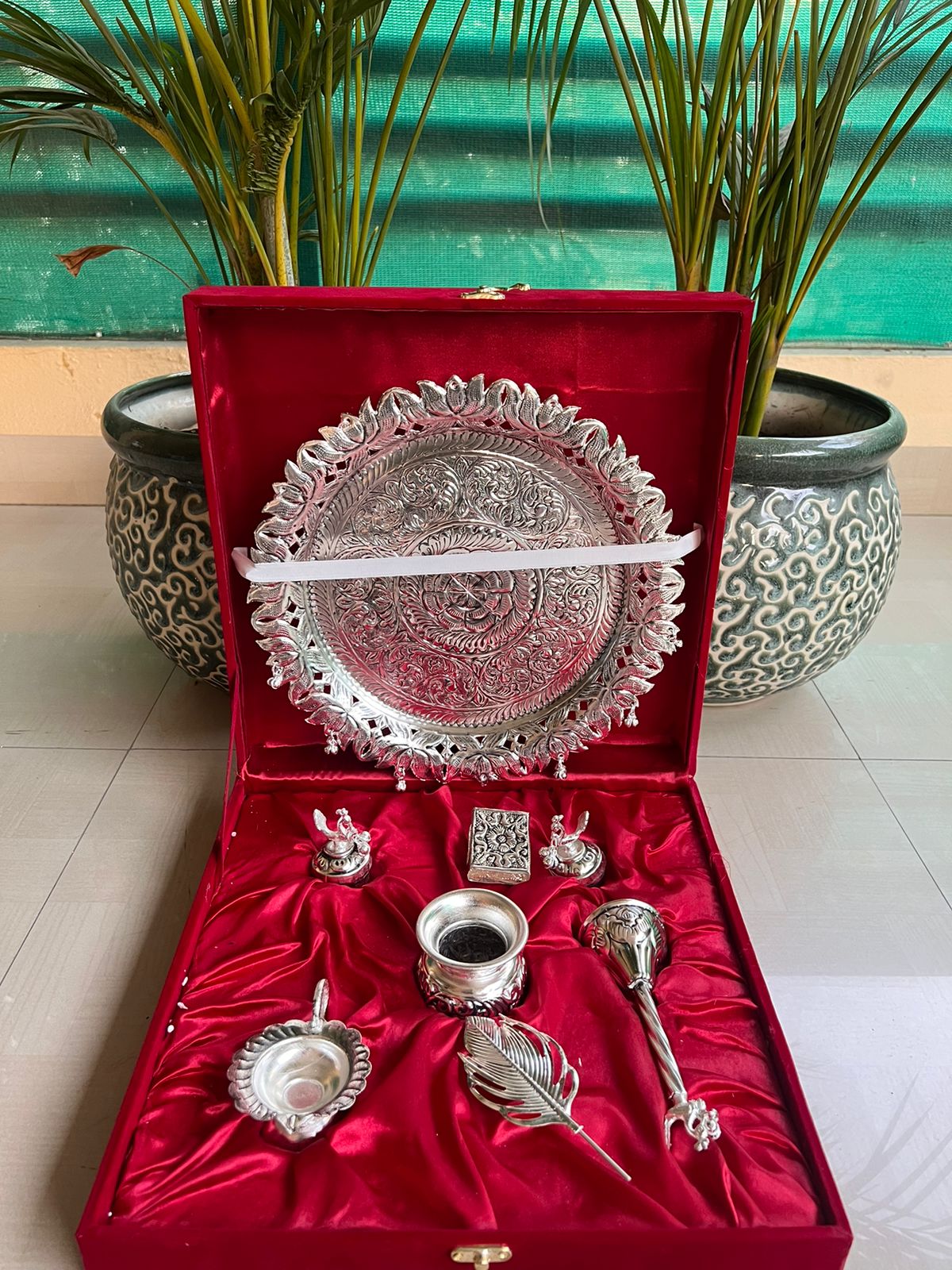 German Silver Lotus Petal Designer Pooja thali with ghunghroo