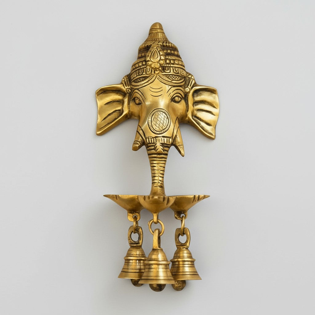 Brass Ganesh Wall Hanging with Bells and Diya Oil lamp for Home décor/ Temple