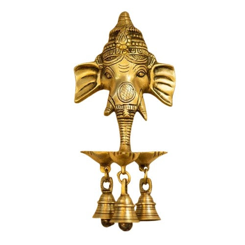 Brass Ganesh Wall Hanging with Bells and Diya Oil lamp for Home décor/ Temple
