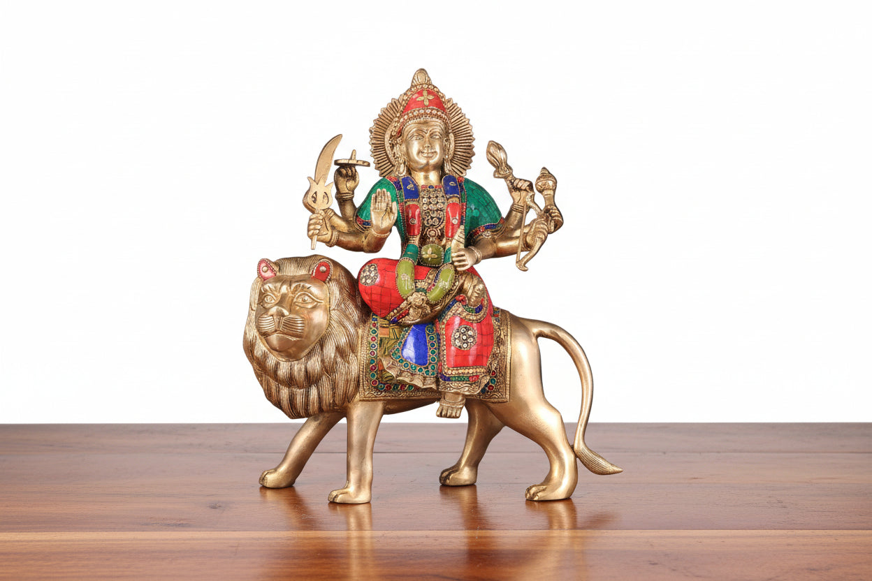 Handcrafted Brass Durga Idol with Stonework – Large Divine Statue for Puja & Home Temple