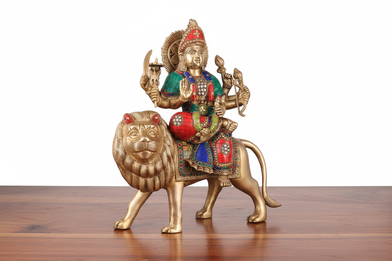 Handcrafted Brass Durga Idol with Stonework – Large Divine Statue for Puja & Home Temple