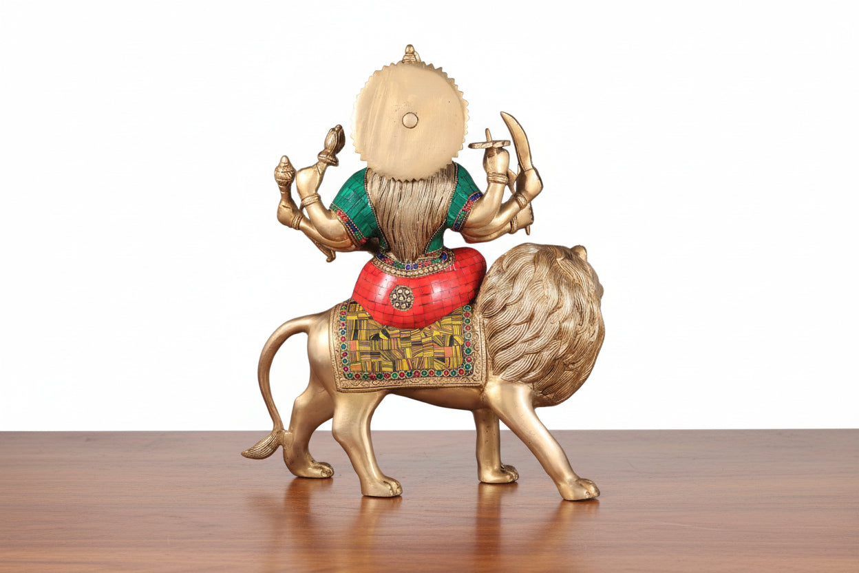 Handcrafted Brass Durga Idol with Stonework – Large Divine Statue for Puja & Home Temple