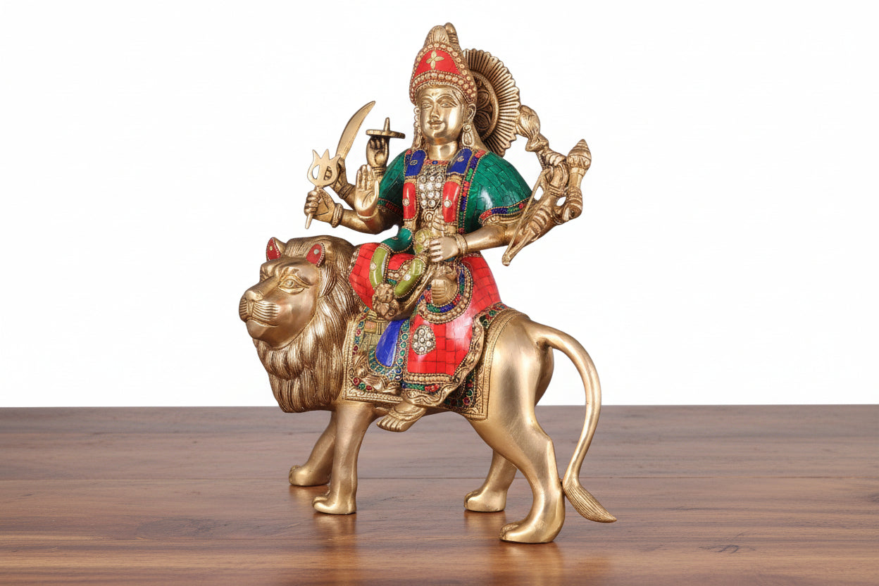 Handcrafted Brass Durga Idol with Stonework – Large Divine Statue for Puja & Home Temple