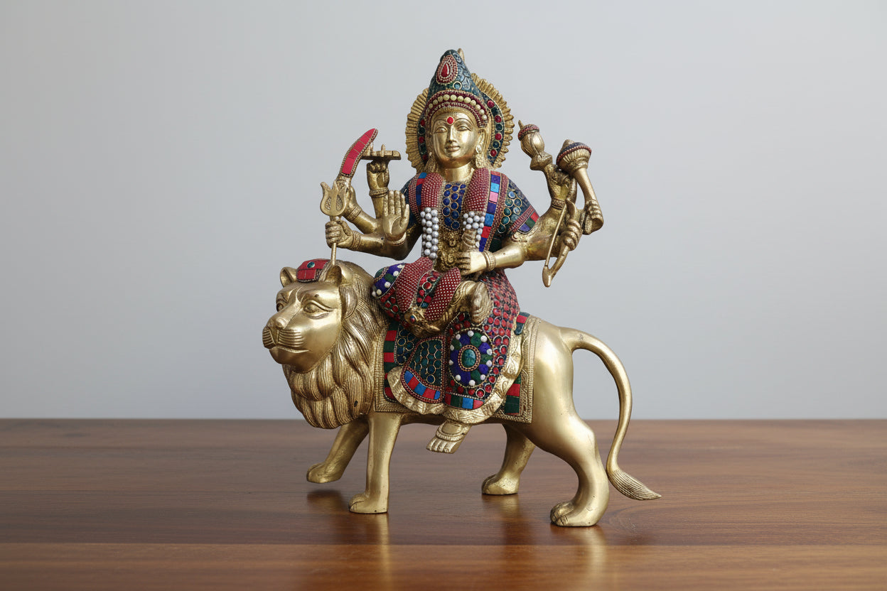 Handcrafted Brass Durga Idol with Stonework – Large Divine Statue for Puja & Home Temple, 17"