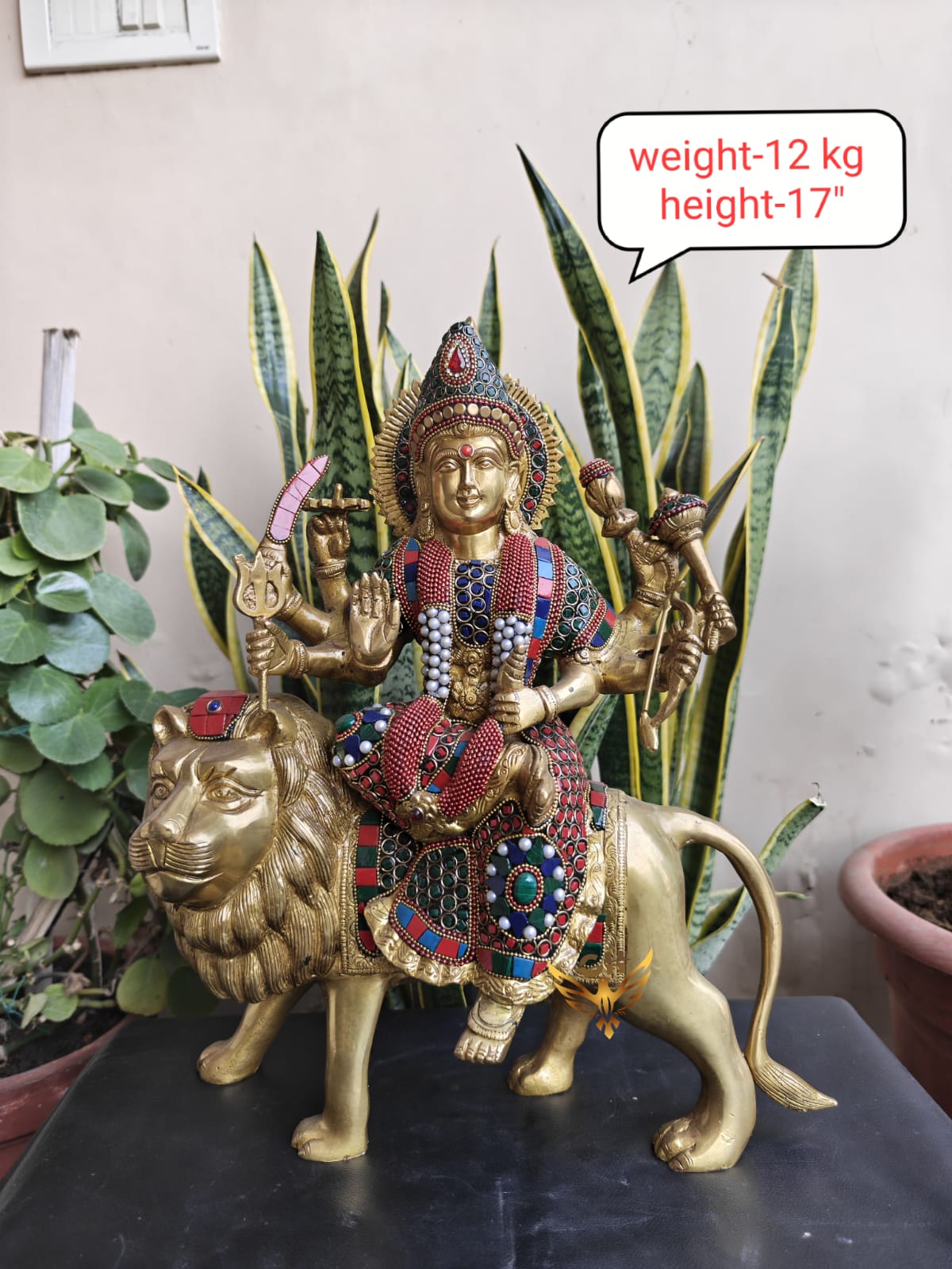 Handcrafted Brass Durga Idol with Stonework – Large Divine Statue for Puja & Home Temple, 17"