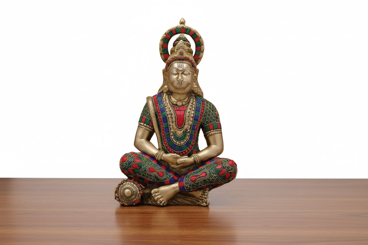 Handcrafted Brass Hanuman Statue with Stonework – Divine Protector & Strength Symbol for Home Temple