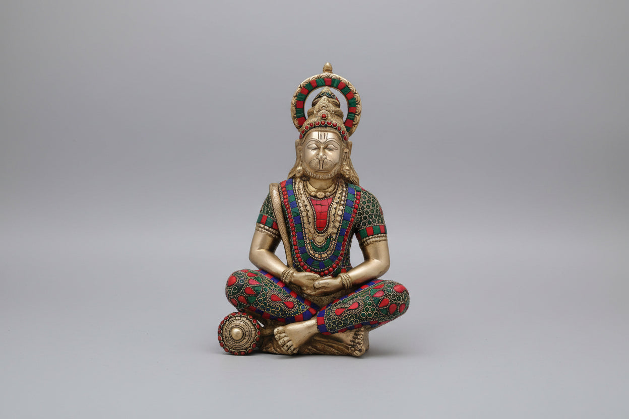 Handcrafted Brass Hanuman Statue with Stonework – Divine Protector & Strength Symbol for Home Temple