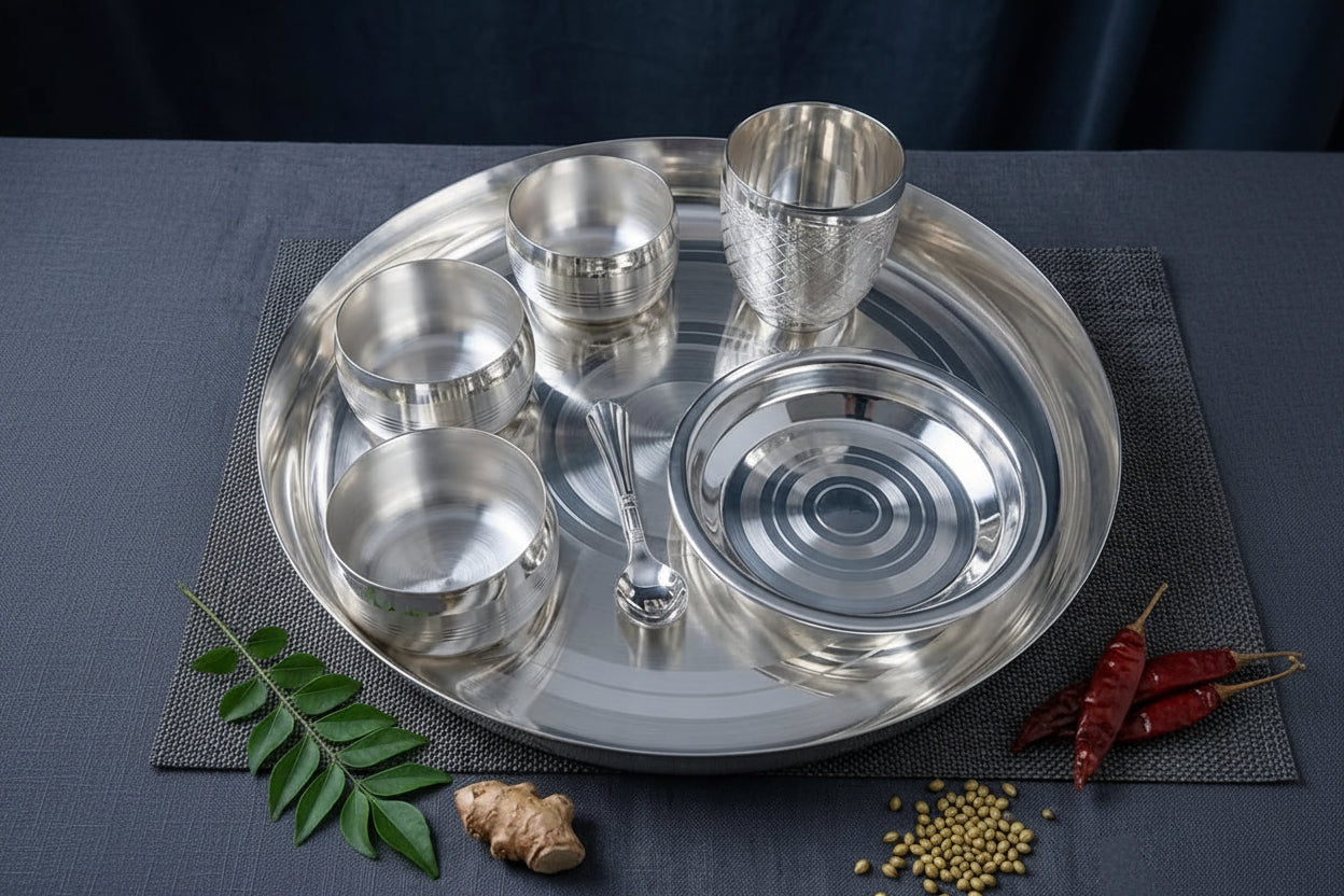 Elegant Silver-Plated 7 Piece Dinner Set – Traditional Dining Collection for Festive & Everyday Use, 14" plate