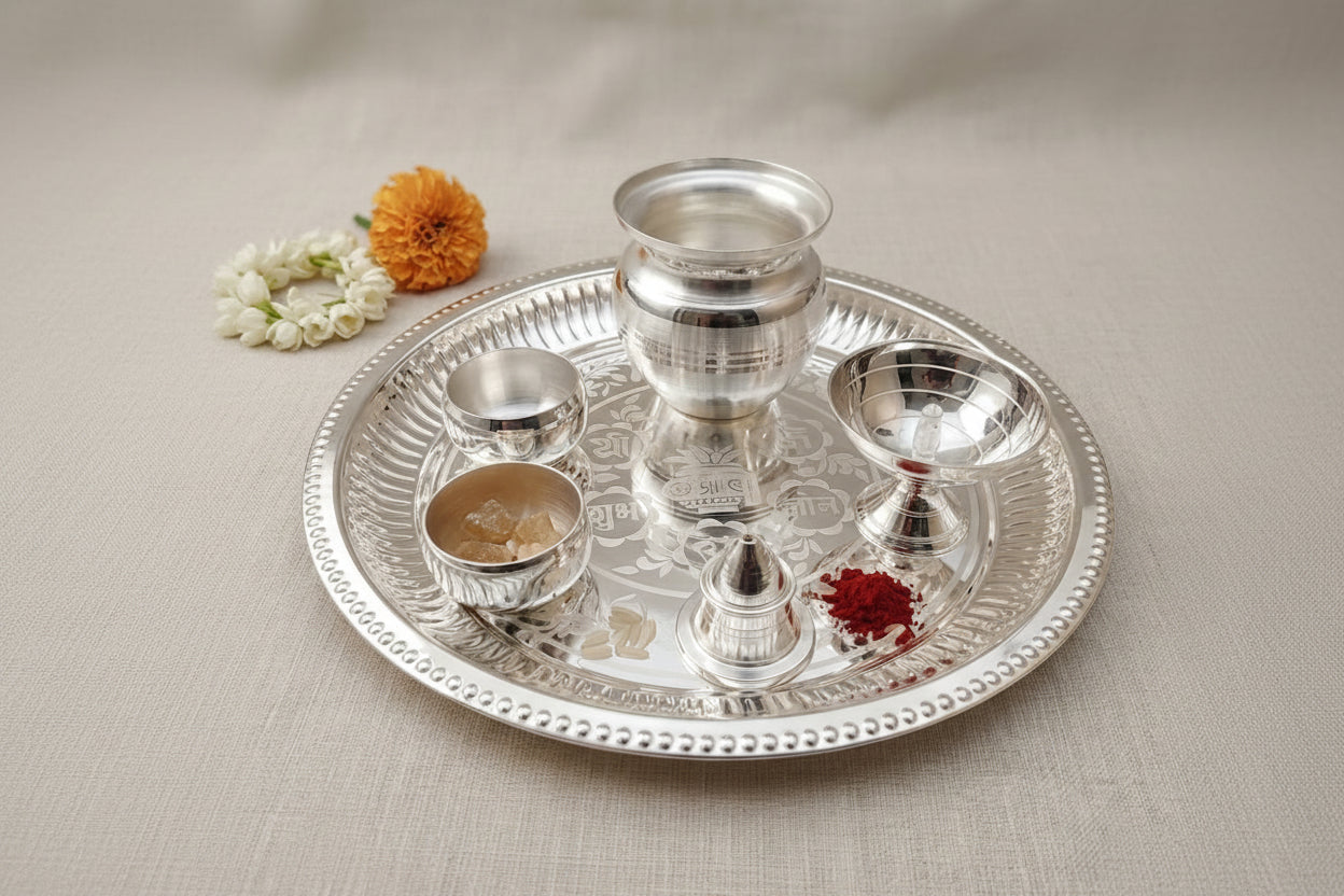 Silver-Plated Pooja Thali Set – 6 Piece Complete Ritual Kit for Puja & Festivals