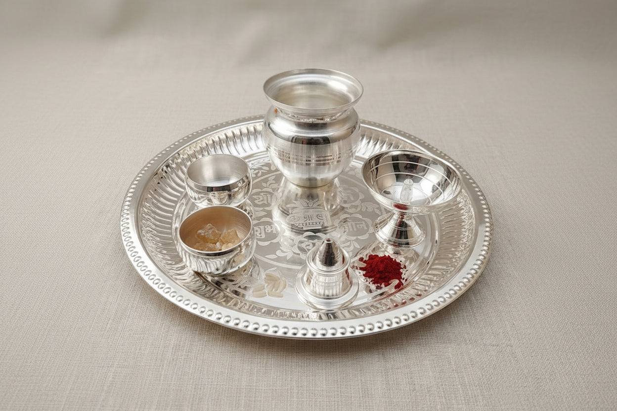 Silver-Plated Pooja Thali Set – 6 Piece Complete Ritual Kit for Puja & Festivals