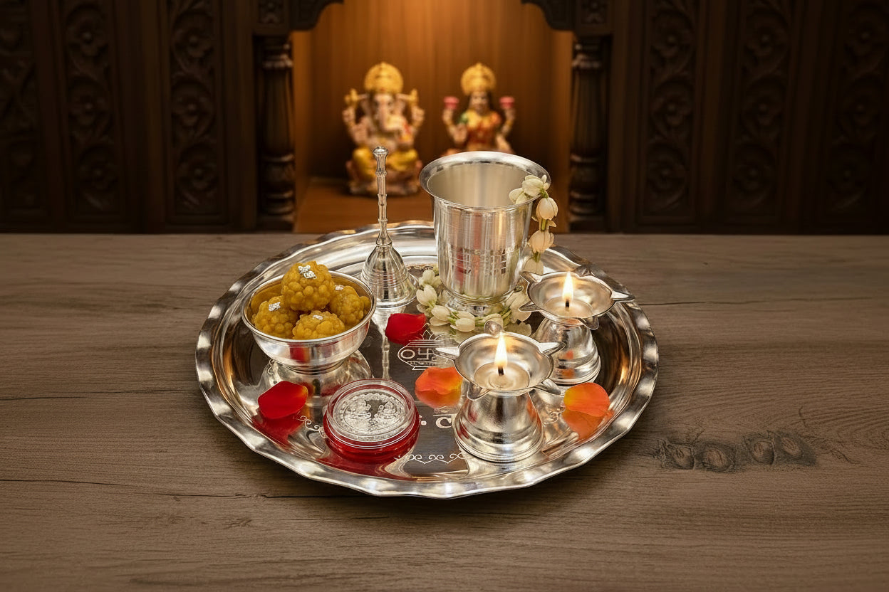 Silver-Plated Pooja Thali Set – 7 Piece Complete Ritual Kit for Puja & Festivals