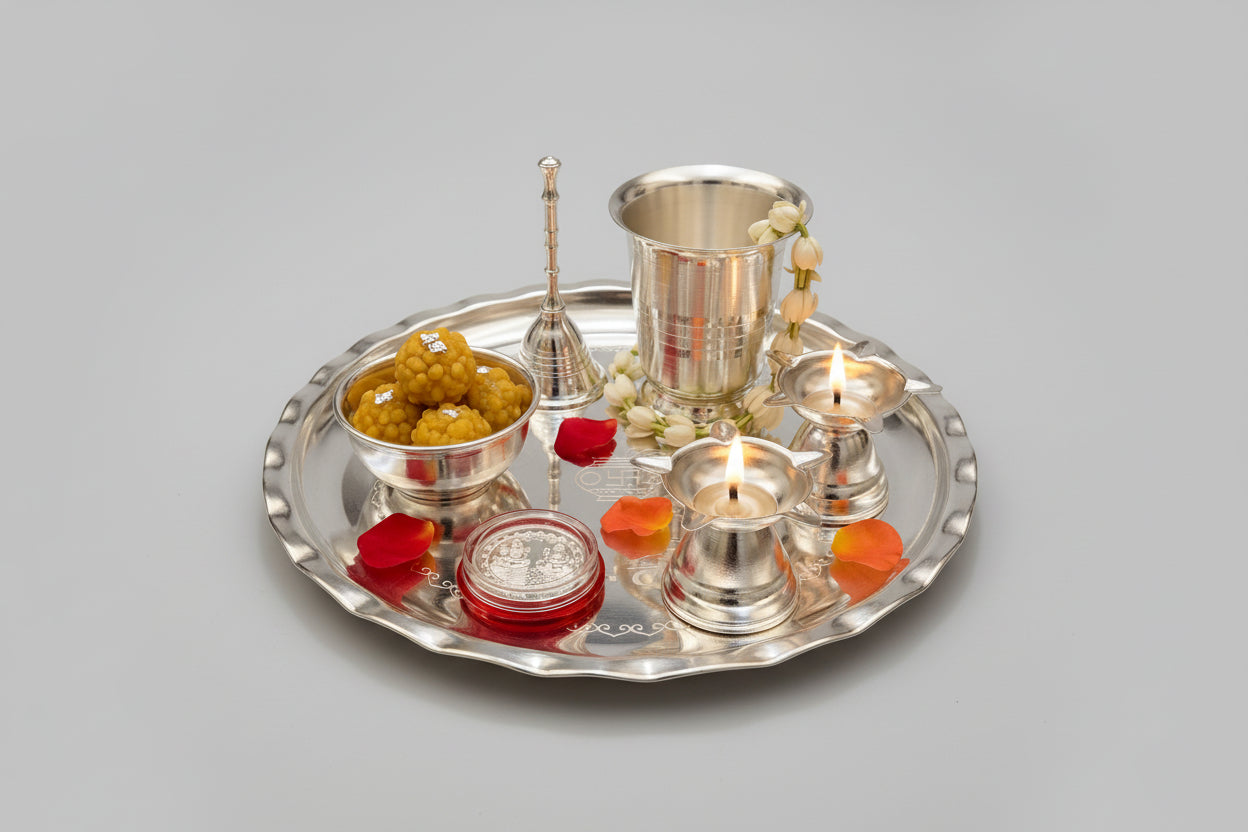 Silver-Plated Pooja Thali Set – 7 Piece Complete Ritual Kit for Puja & Festivals