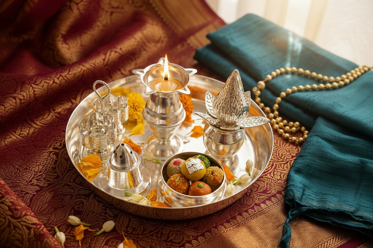 Silver-Plated Pooja Thali Set – 6 Piece Complete Ritual Kit for Puja & Festivals/ housewarming pooja