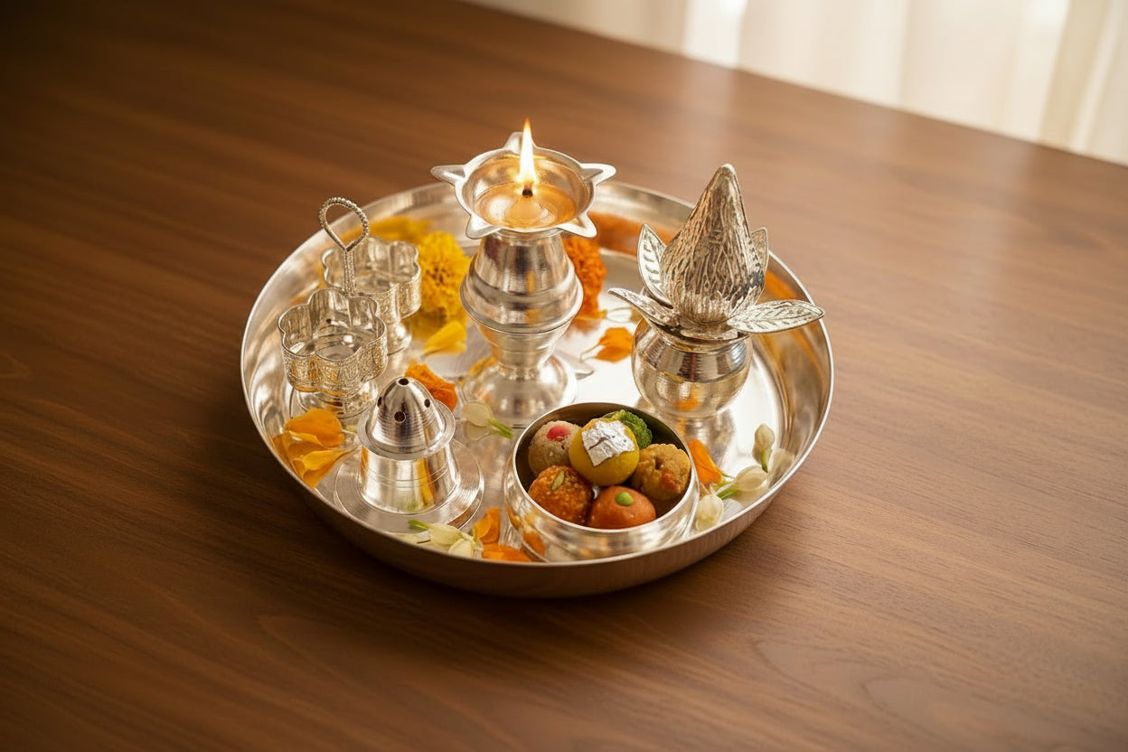 Silver-Plated Pooja Thali Set – 6 Piece Complete Ritual Kit for Puja & Festivals/ housewarming pooja