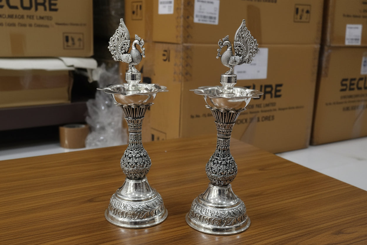German Silver Peacock Diya – 11" Antique Finish Oil Lamp for Puja & Home Décor
