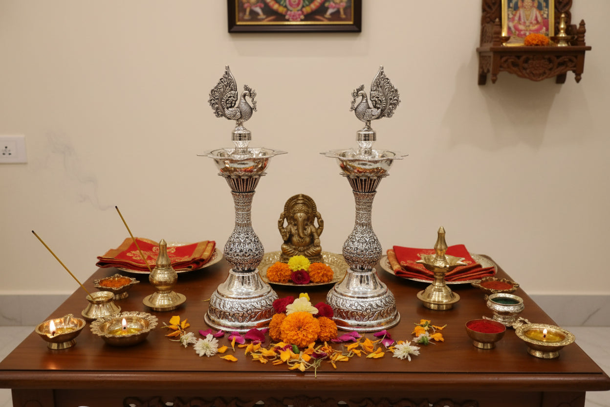 German Silver Peacock Diya – 11" Antique Finish Oil Lamp for Puja & Home Décor