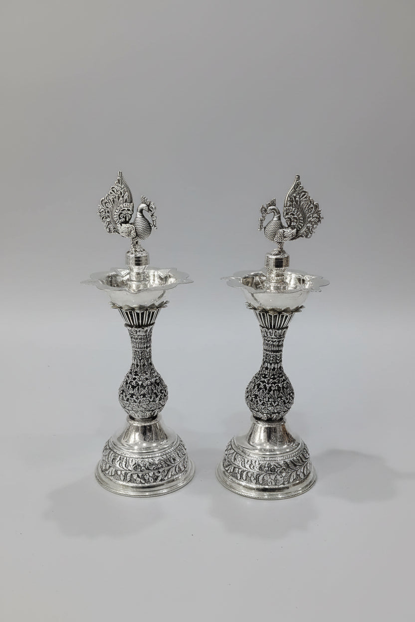German Silver Peacock Diya – 11" Antique Finish Oil Lamp for Puja & Home Décor
