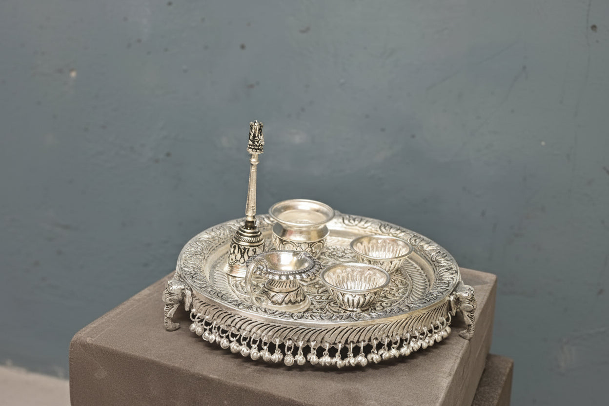 Premium German Silver Pooja Thali Set – Antique Finish with Ghungru Design, Elephant Legs & Velvet Gift Box (6 Pieces)