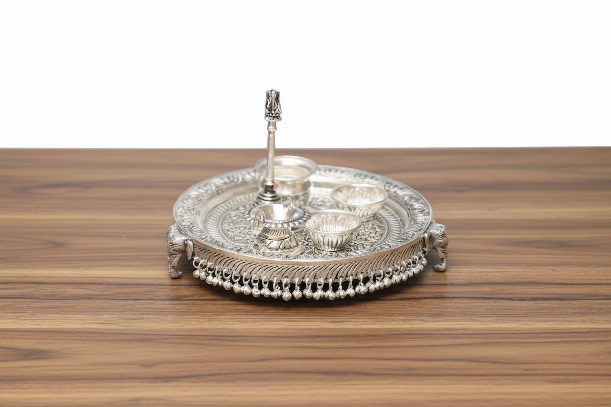 Premium German Silver Pooja Thali Set – Antique Finish with Ghungru Design, Elephant Legs & Velvet Gift Box (6 Pieces)