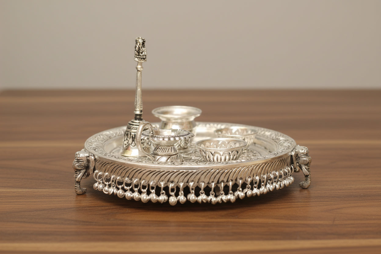Premium German Silver Pooja Thali Set – Antique Finish with Ghungru Design, Elephant Legs & Velvet Gift Box (6 Pieces)