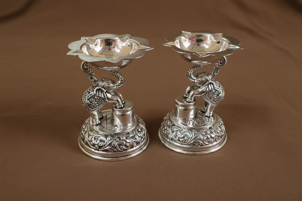Pure Silver-Plated Antique German Silver 3D Elephant Diyas – Premium Handcrafted Oil Lamps for Puja & Home Décor