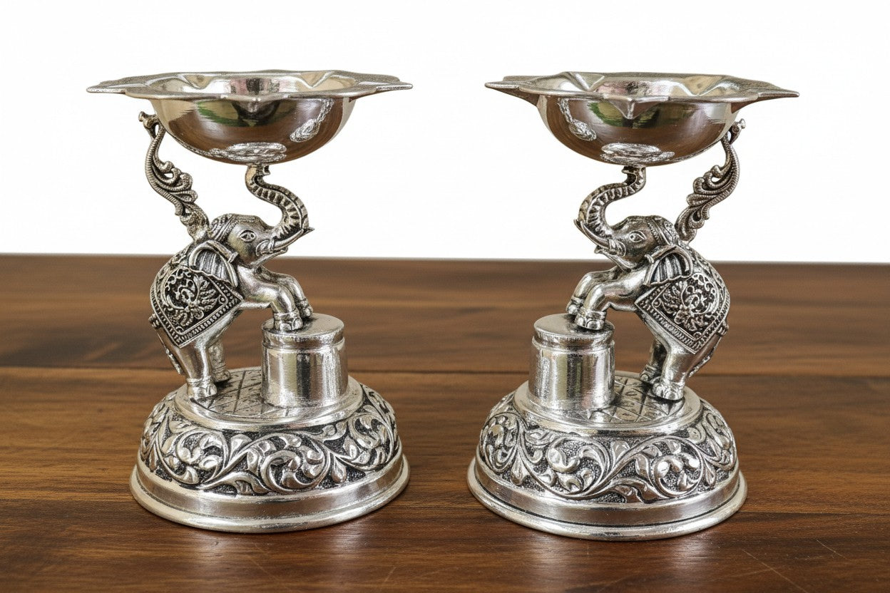 Pure Silver-Plated Antique German Silver 3D Elephant Diyas – Premium Handcrafted Oil Lamps for Puja & Home Décor