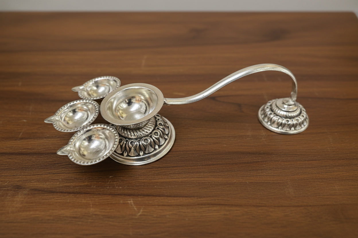 Pure Silver-Plated Antique German Silver Diya Set – Special 3 Oil Lamps with Karpoor Aarthi for Puja & Festivals