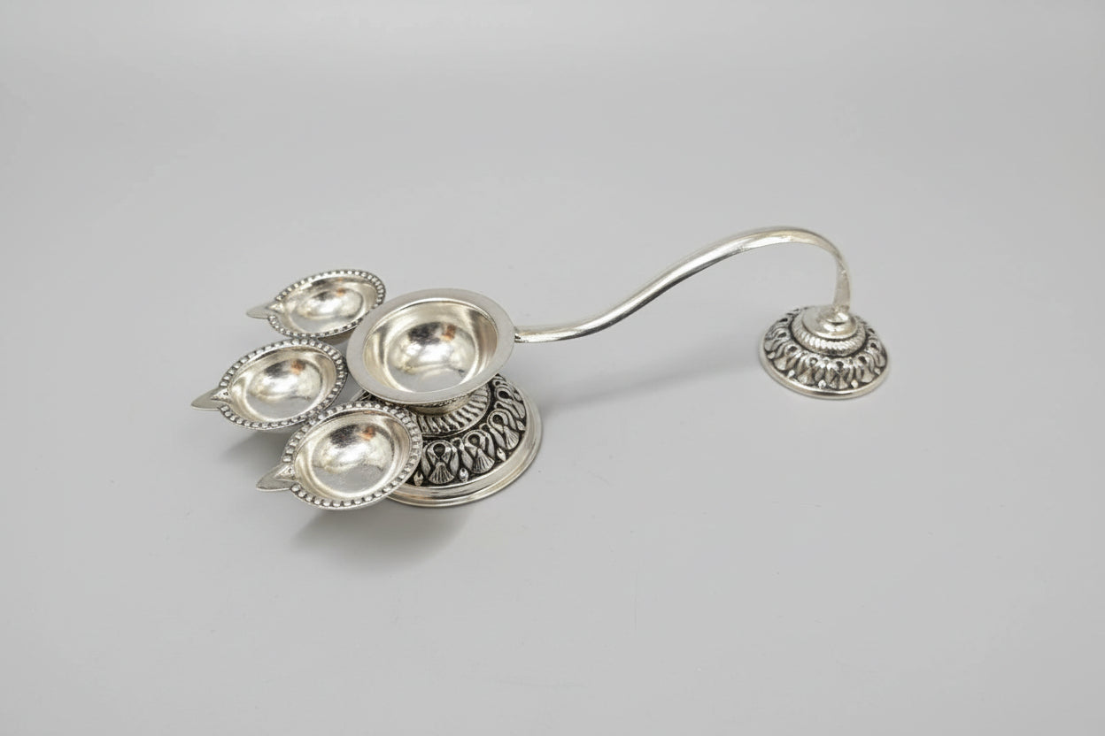 Pure Silver-Plated Antique German Silver Diya Set – Special 3 Oil Lamps with Karpoor Aarthi for Puja & Festivals