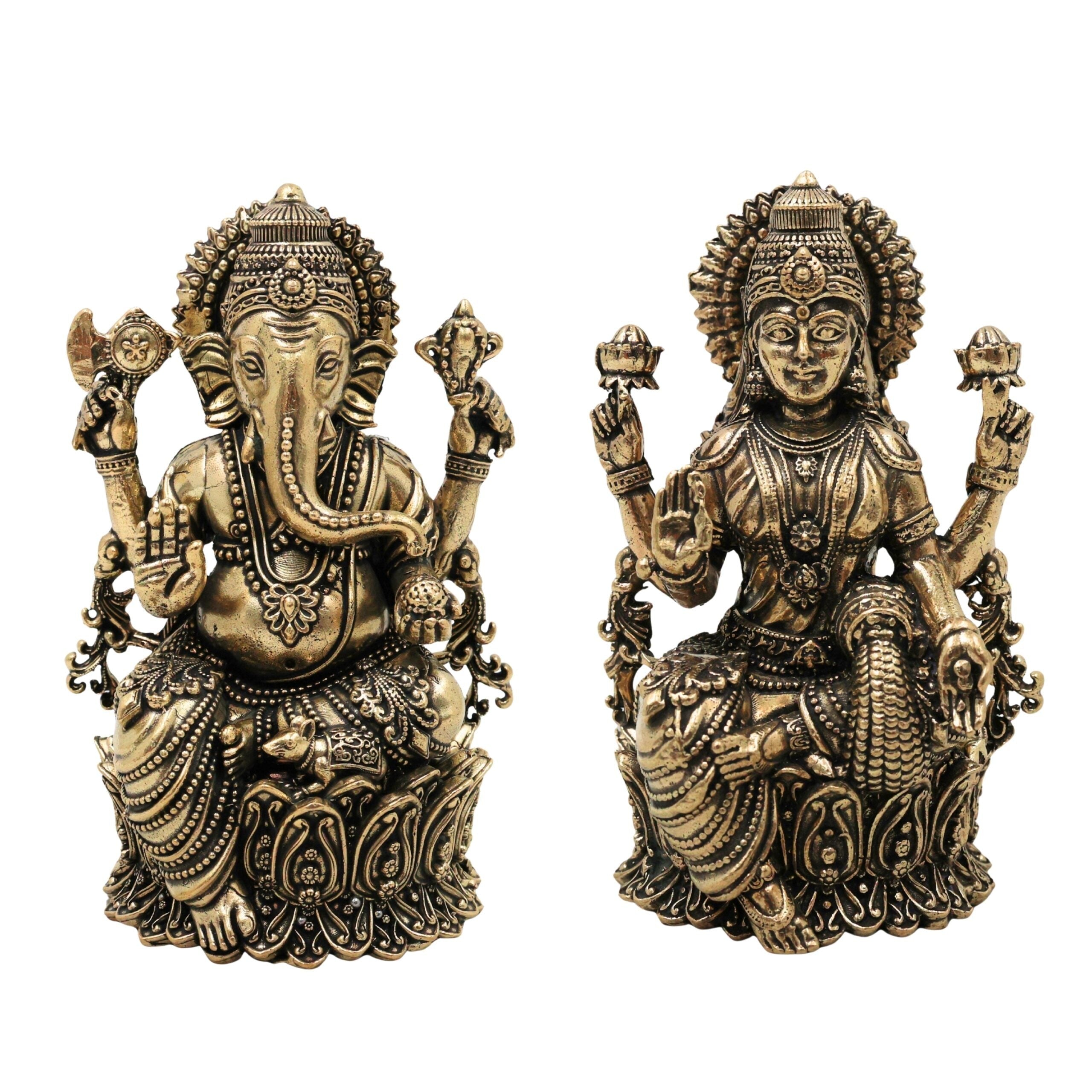 Brass Lakshmi Ganesh Idol – Handcrafted Antique Finish for Pooja & Home Décor