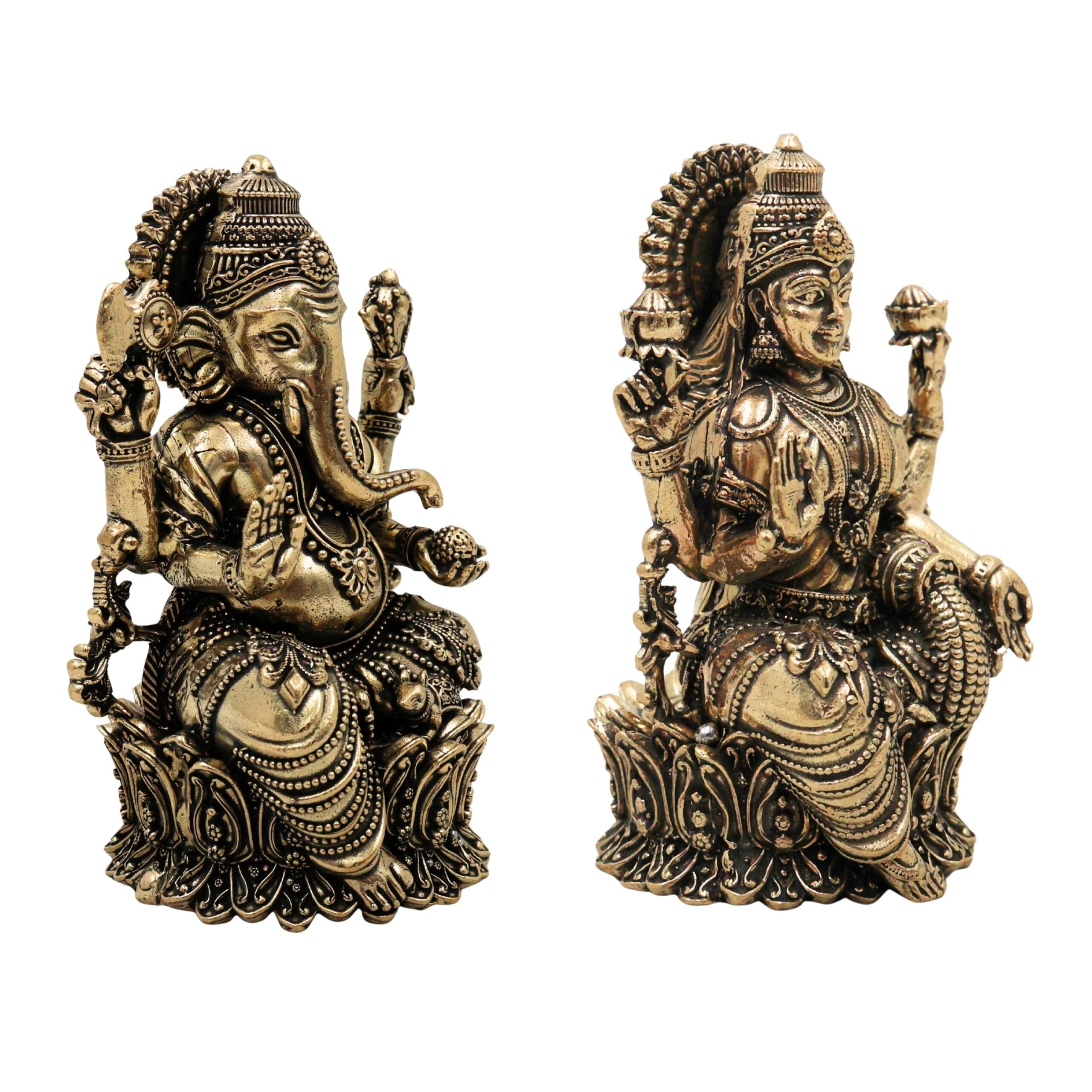 Brass Lakshmi Ganesh Idol – Handcrafted Antique Finish for Pooja & Home Décor