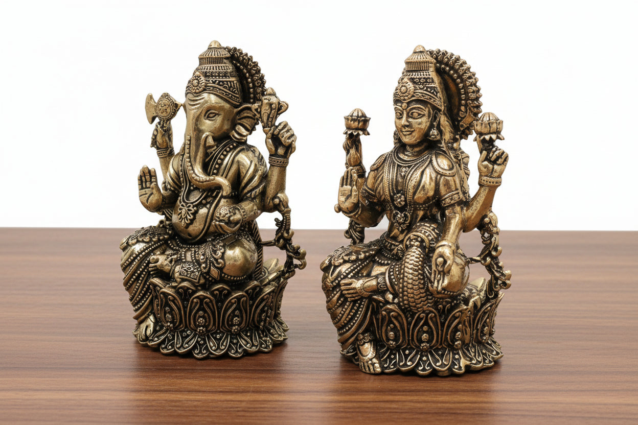 Brass Lakshmi Ganesh Idol – Handcrafted Antique Finish for Pooja & Home Décor